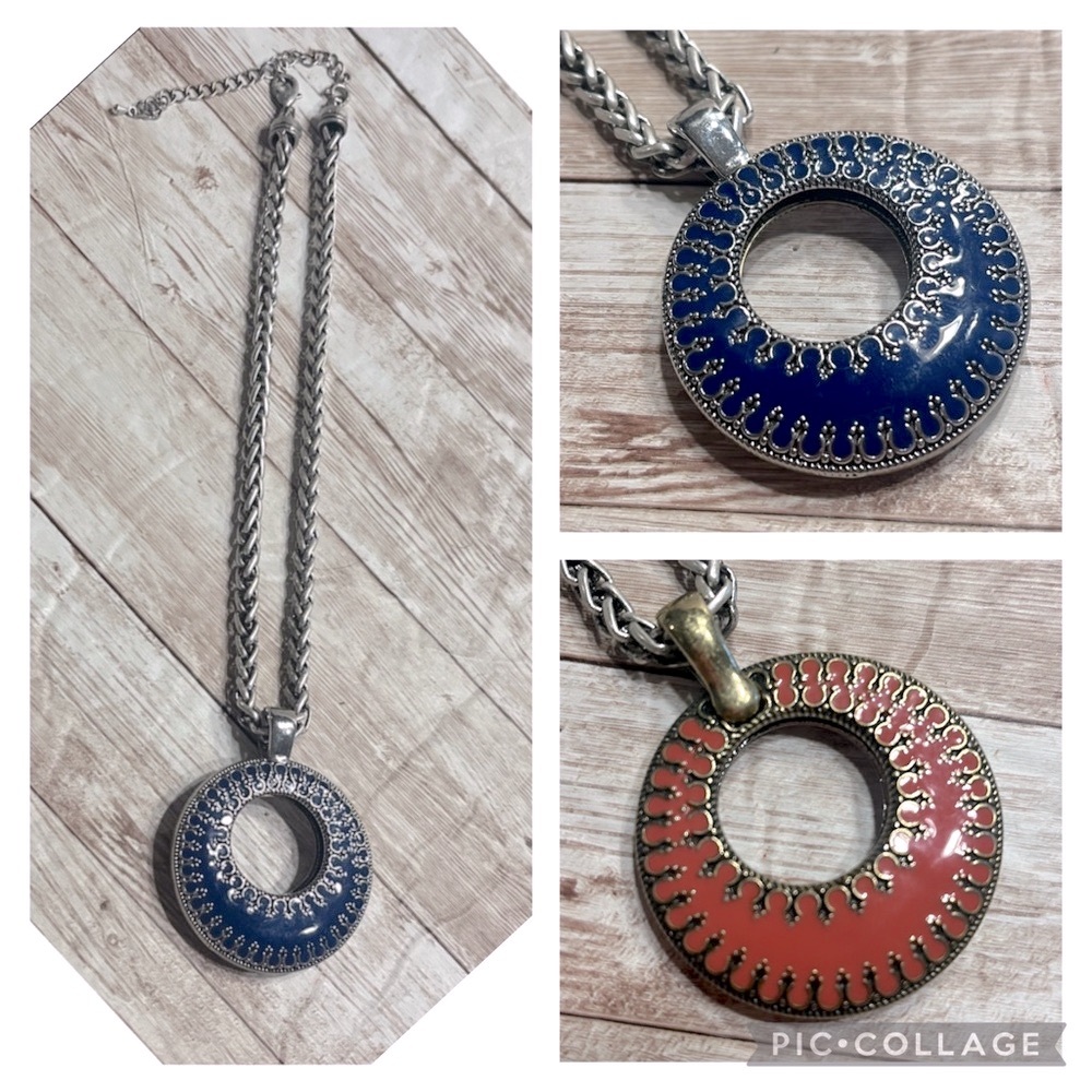 Premier Designs Reversible Blue and Coral Pendant Silver Rope Chain Necklace